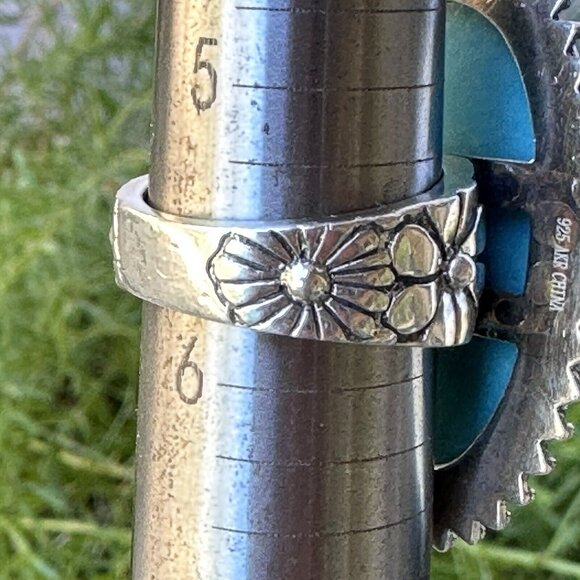 VTG Amy Kahn Russell Sterling Silver Ring Sz 5.75 Floral Carved Turquoise‎ 16.3g - Picture 7 of 8